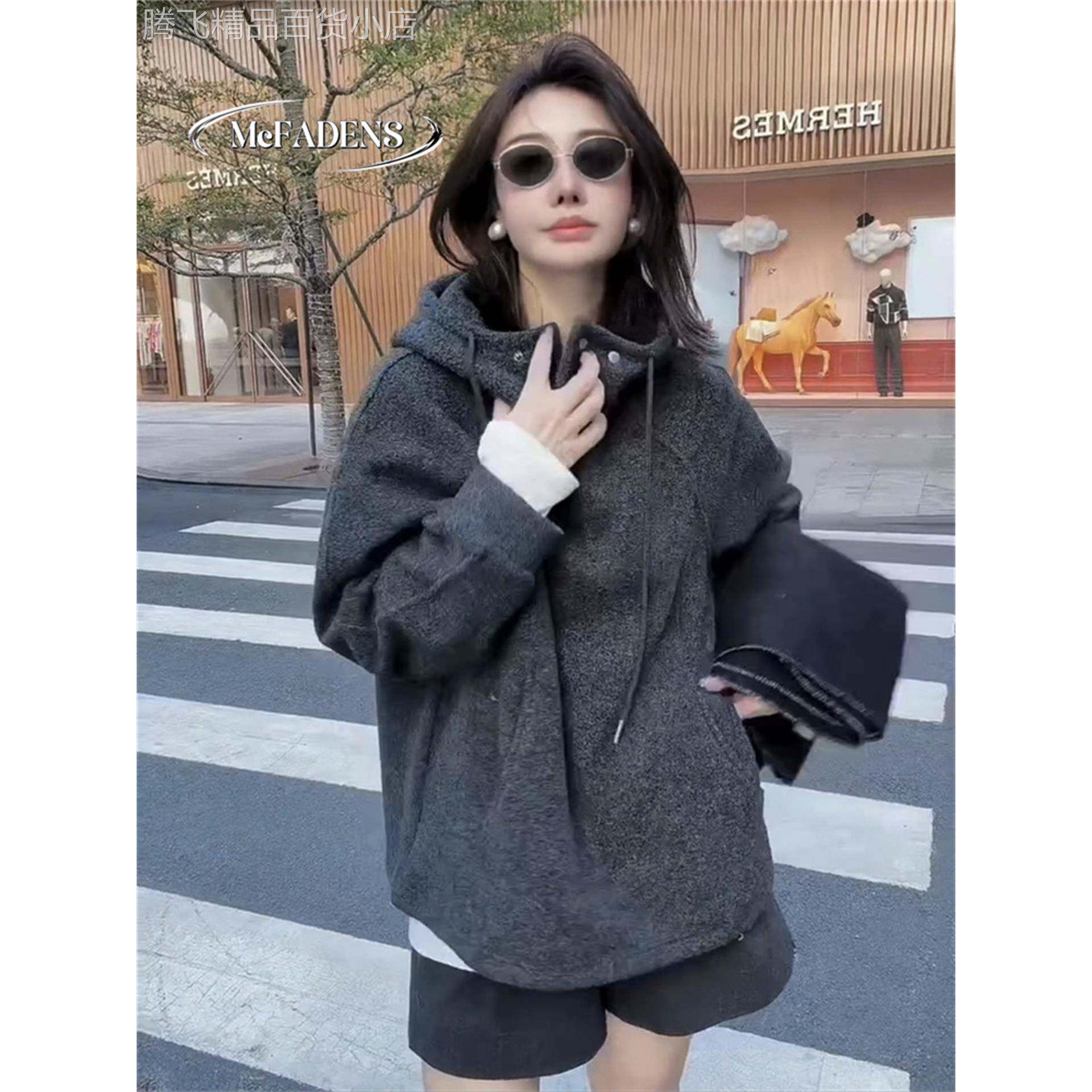 香港冬新款加绒慵懒风毛呢卫衣女韩系灰色连帽抽绳宽松加厚上衣潮