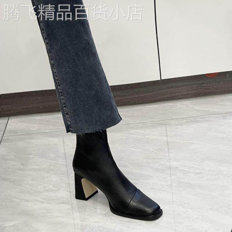 真皮高跟短靴女2025秋冬新款法式粗跟瘦瘦靴加绒方头马丁靴小踝靴