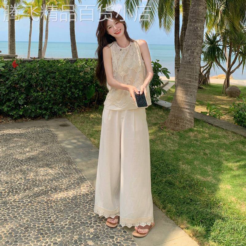 法式重工蕾丝无袖背心阔腿裤时尚套装女2026夏季慵懒度假风两件套