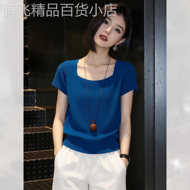 别致深蓝色短袖冰丝针织T恤女夏季2026年新款设计感方领上衣洋气