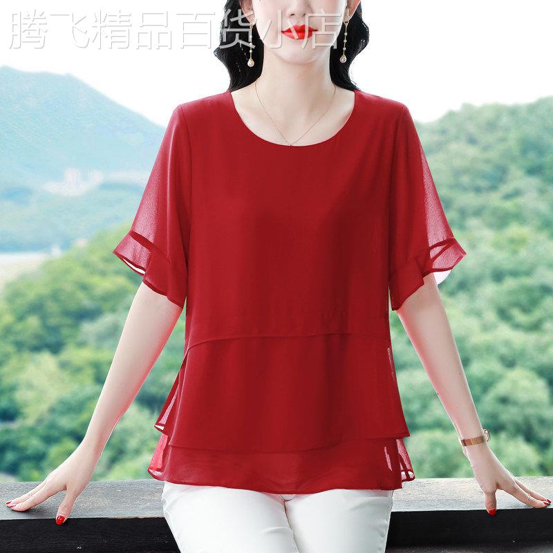 夏季薄款透气喇叭袖雪纺衫女2026新款中年妈妈宽松显瘦圆领上衣