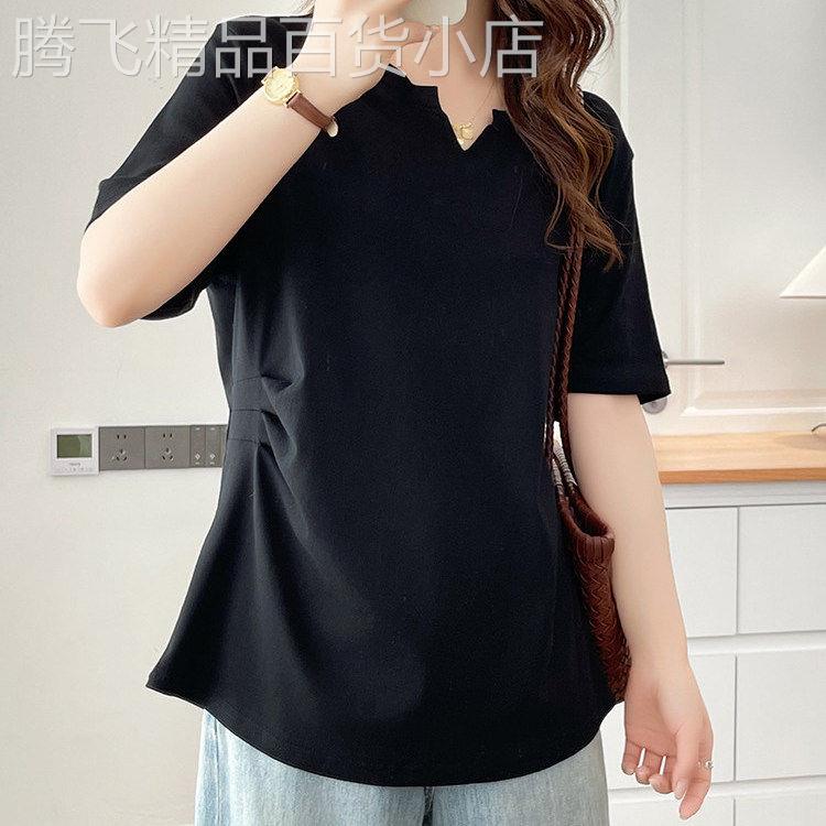 V领短袖t恤女夏季薄款2026年新款韩版大尺码胖mm遮肚子休闲半袖上