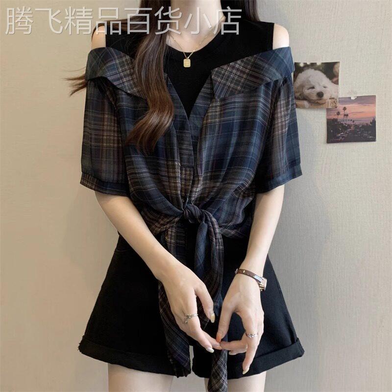 大尺码设计感小众覆古格子短袖衬衫女夏季胖妹妹假两件拼接露肩上