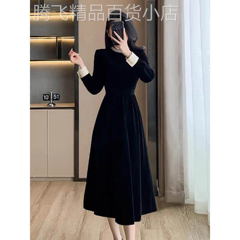 欧洲站秋冬新款赫本风黑色晚礼服复古优雅减龄长袖钉珠丝绒连衣裙