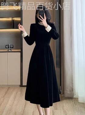 欧洲站秋冬新款赫本风黑色晚礼服复古优雅减龄长袖钉珠丝绒连衣裙