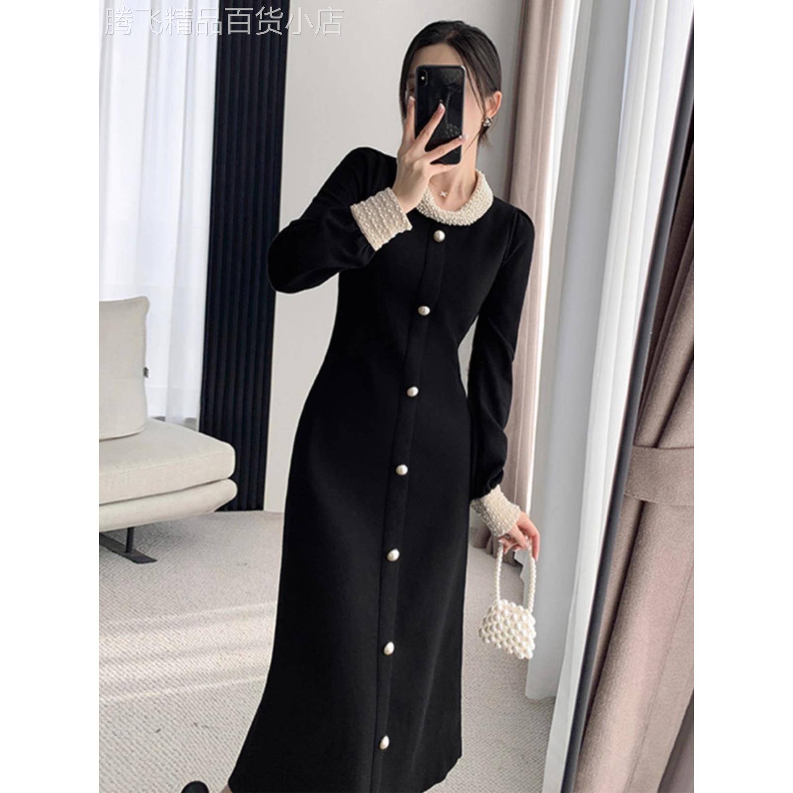 欧洲站2025秋冬新款赫本风长裙衬衫小黑裙气质名媛大气针织连衣裙