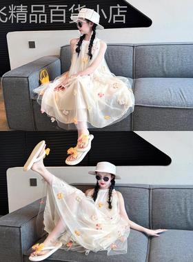 英国Next Kiss女童洋装夏季2025新款儿童吊带裙大童立体花朵裙