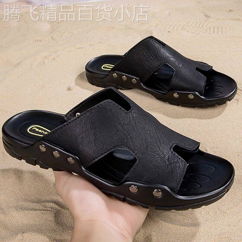 欧美真头层牛皮拖鞋男士沙滩凉拖鞋皮夏季透气防臭室外穿一字拖男