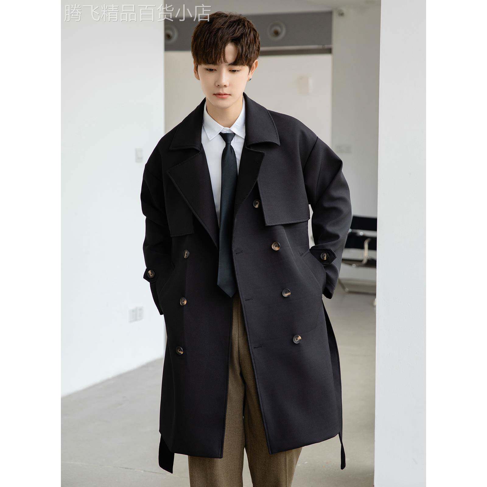 黑色风衣外套男中长款春秋季韩版潮流痞帅西装领廓形排扣宽松大衣