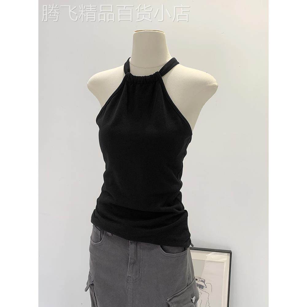 辣妹海边音乐节穿搭黑色挂脖系带吊带背心女夏季2025新款外穿上衣
