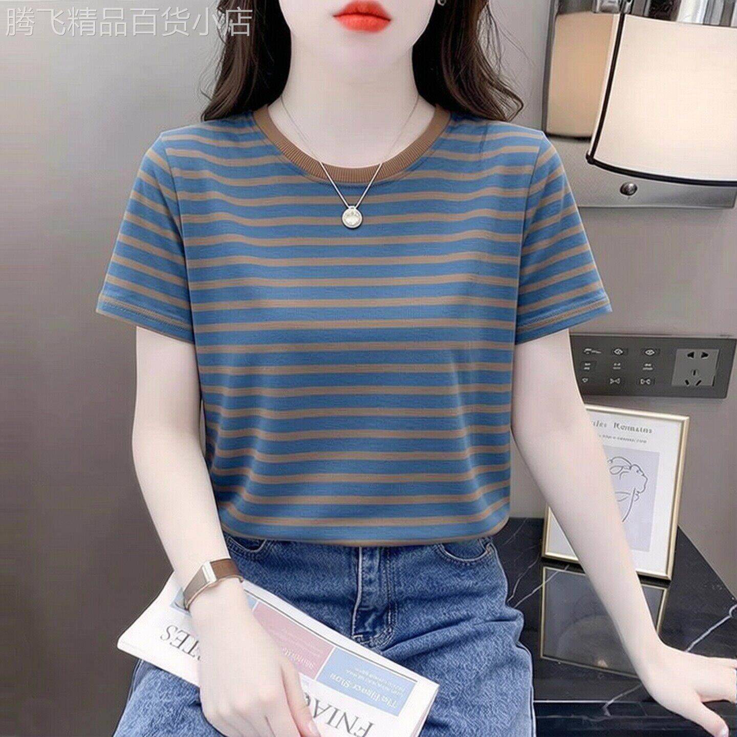 潮牌条纹短袖T恤女夏季新款宽松圆领T恤女装设计感百搭气质上衣潮