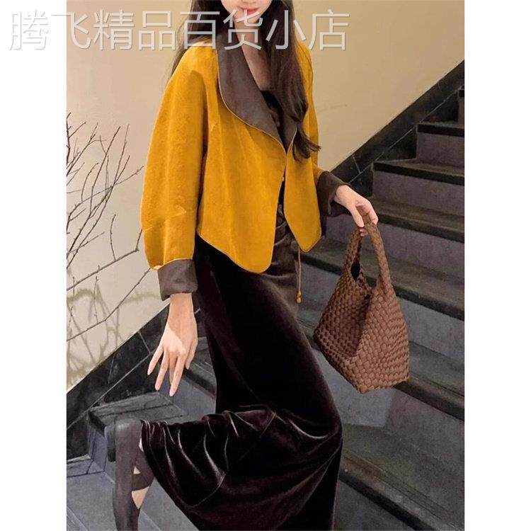 新中式国风短款外套女春秋宽松2026新款小个子老钱风黄色休闲上衣