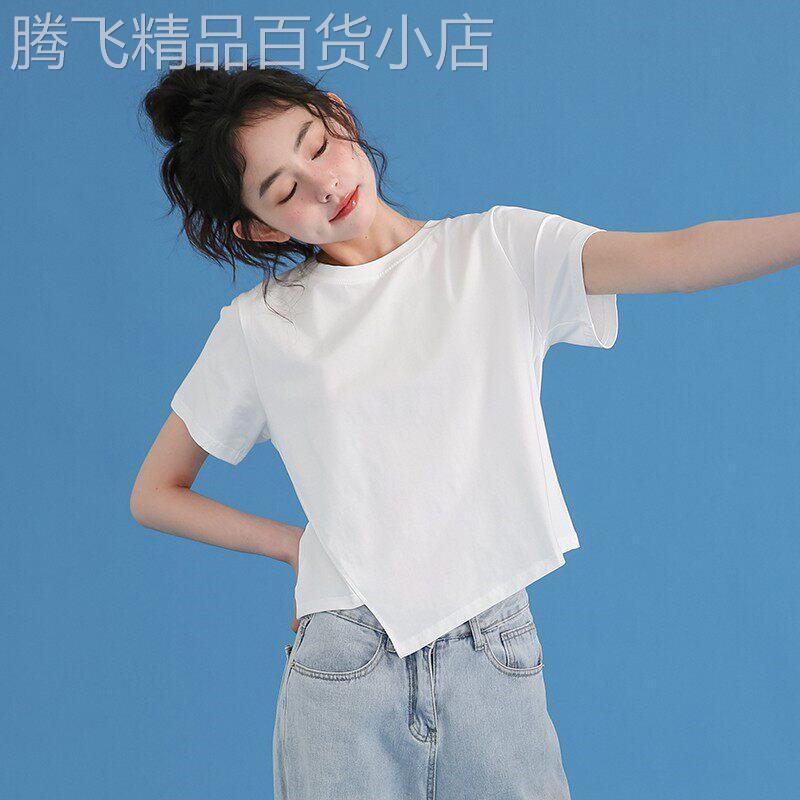 白色短袖T恤女正肩宽松不规则小衫夏季设计感小众小个子短款上衣图片