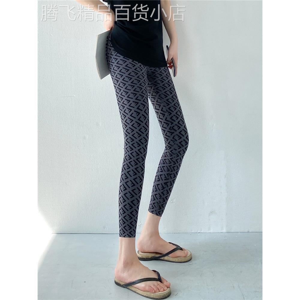 鲨鱼裤2025新款夏季薄款时尚印花高腰显瘦紧身打底九分健身瑜伽裤