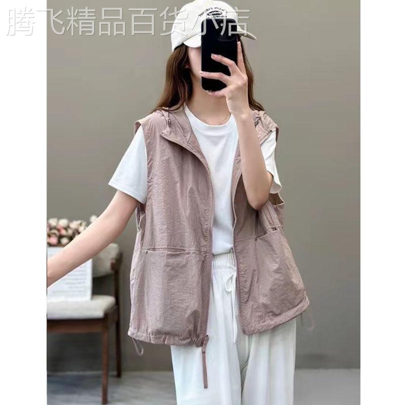 薄款透气两面穿连帽马甲女夏季新款欧货宽松显瘦休闲无袖坎肩女
