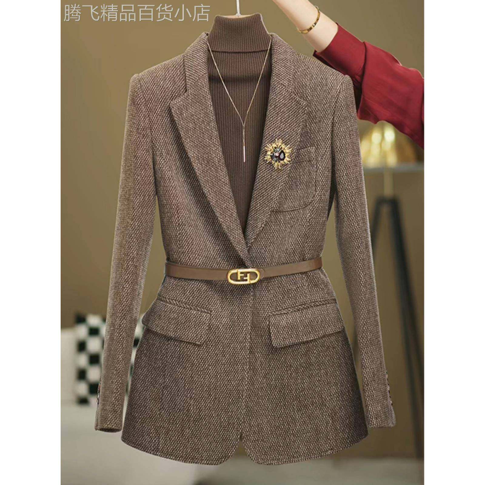 高端气质老钱风人字纹羊毛西装外套咖色女秋冬加厚职业工作服套装