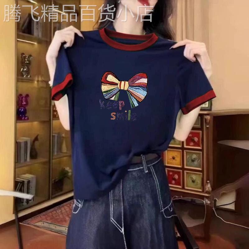 正肩圆领蝴蝶结印花短袖T恤女2026夏季新款宽松显瘦撞色拼接上衣