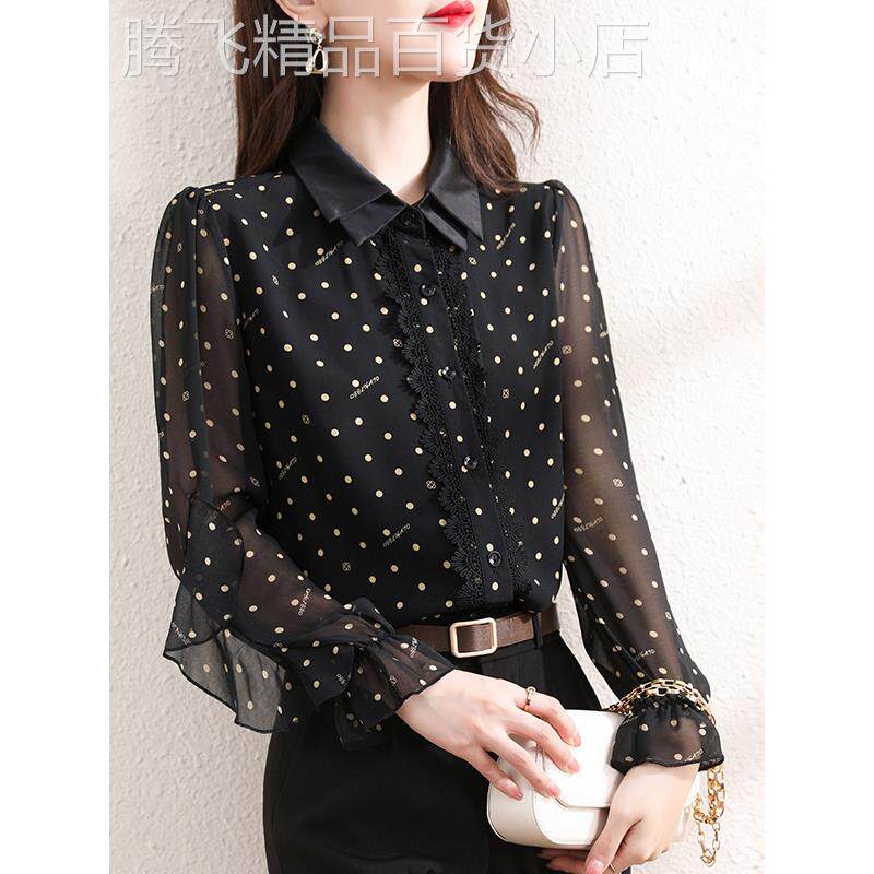 娃娃领长袖衬衫女2025年春秋季新款波点气质减龄小衫碎花雪纺衬衣