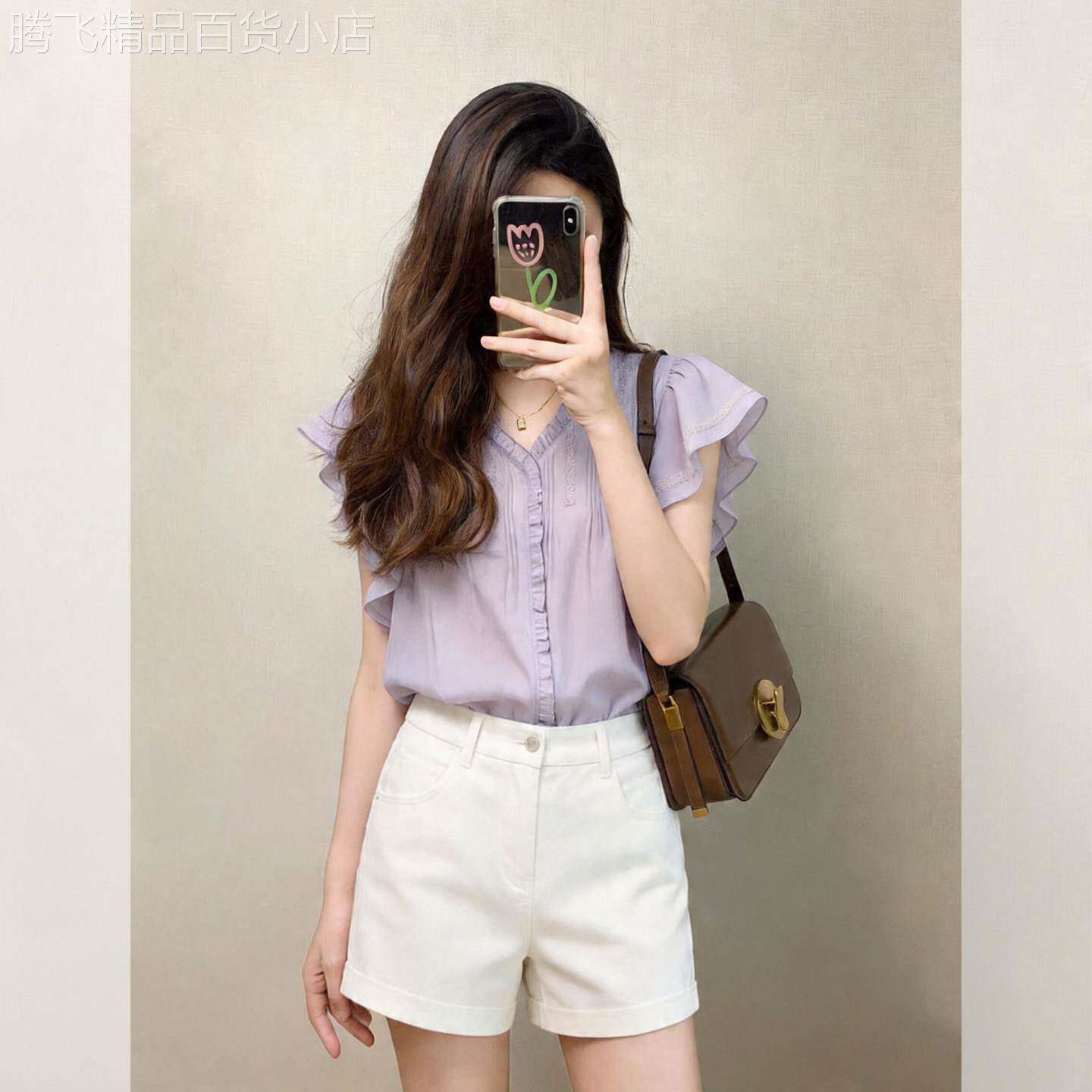 法式小资紫色v领雪纺衬衫女款夏装2026新款轻奢高级感小飞袖上衣