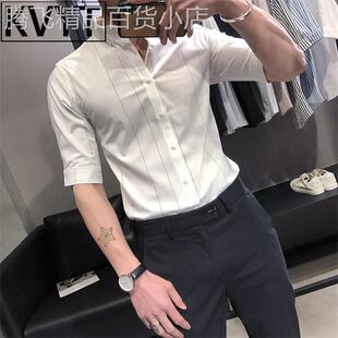 高端衬衫男款2026年夏季新款潮流时尚条纹衬衣男士痞帅七分袖寸衫