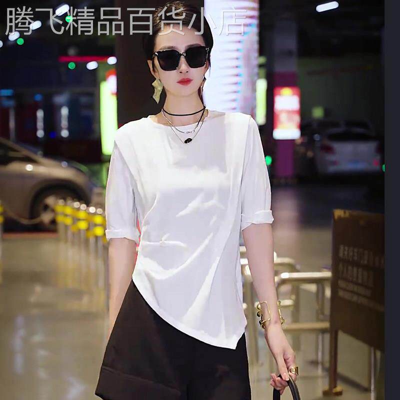 欧货时髦洋派白色圆领不规则下摆设计感短袖T恤女2026夏季新款潮
