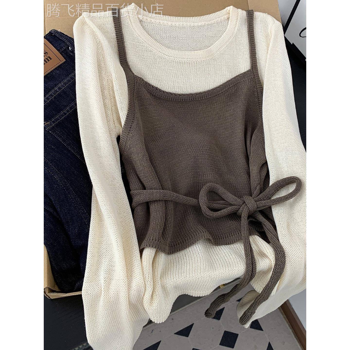 韩国美拉德覆古假两件拼接针织衫毛衣女秋冬简约绑带收腰圆领上衣