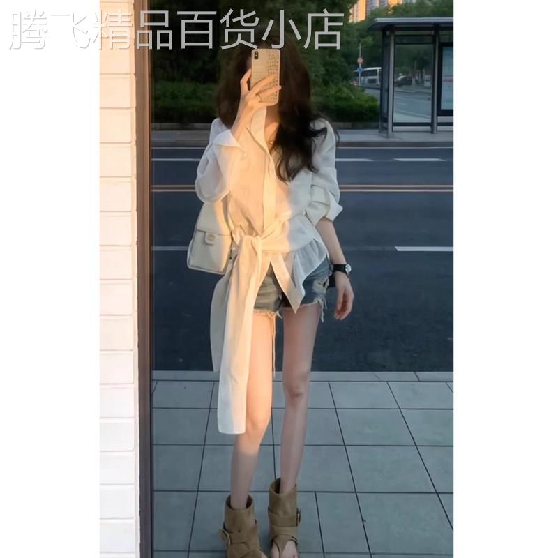 白色长袖收腰绑带衬衫女春秋欧货新款气质绝美不对称通勤衬衣上衣