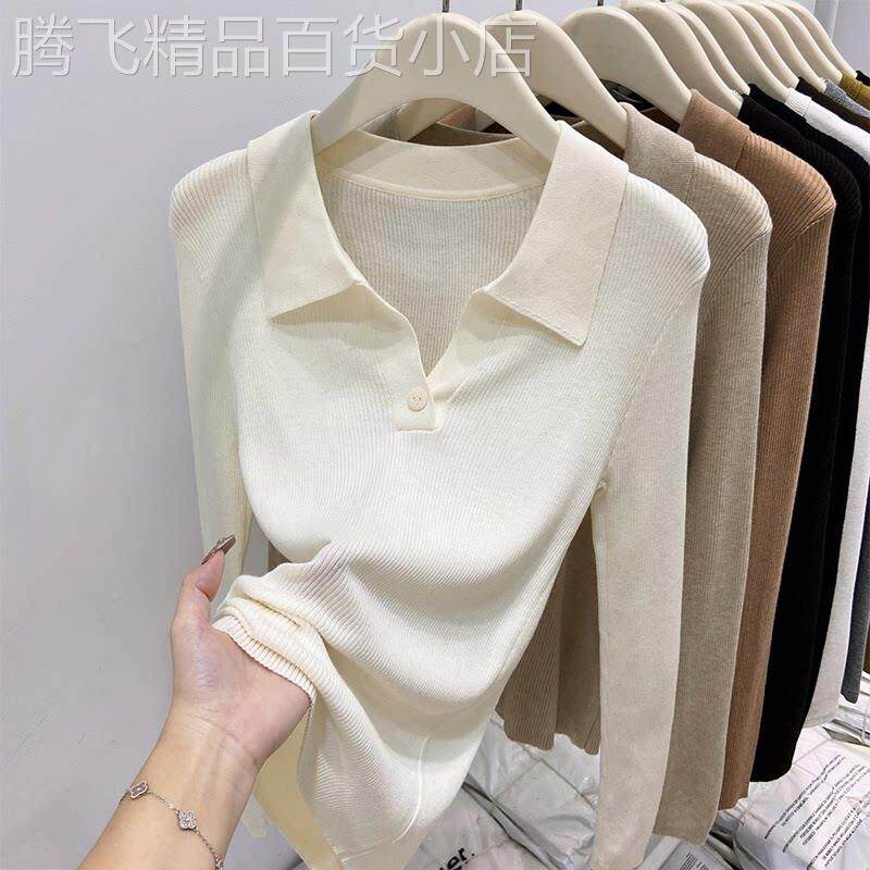 潮牌老钱风polo翻领针织长袖打底衫女春秋新款软糯外穿毛衣上衣