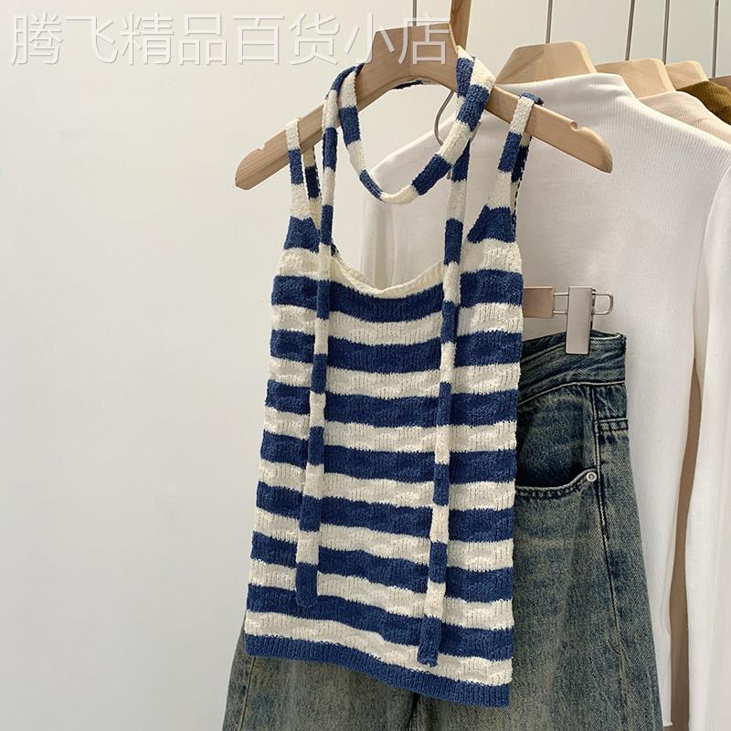 海边绝美设计感条纹蓝色小众针织背心女夏泰式独特外穿小吊带上衣