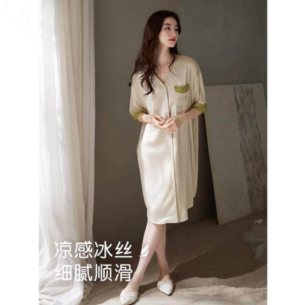 高档品牌真丝绸睡裙女款睡衣夏季冰丝短袖中长版开衫居家裙子夏天