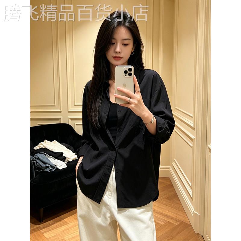 极简风黑色防晒衬衫外套女士夏季新款冰丝长袖宽松外搭高级感上衣