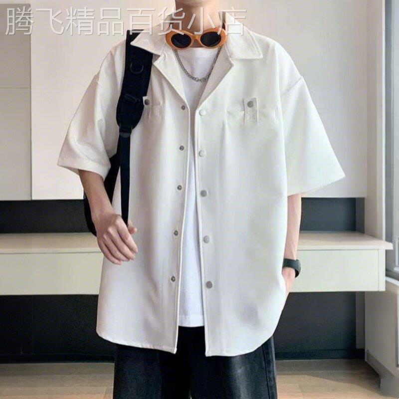 潮牌港风翻领短袖衬衫男士夏季半袖衬衣时尚休闲百搭宽松上衣外套