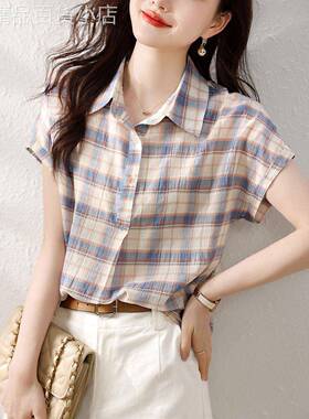 香港TIMO格纹短袖衬衫女2025夏季经典POLO领三粒扣棉质格子衬衣女
