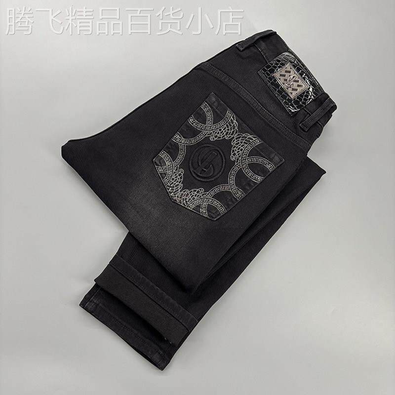 高端轻奢欧货黑色八分男士牛仔裤小个子九分修身百搭时尚压花长裤
