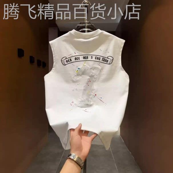MAROLIO~质感出众!潮流个性泼墨印花圆领背心男纯棉运动坎肩T恤