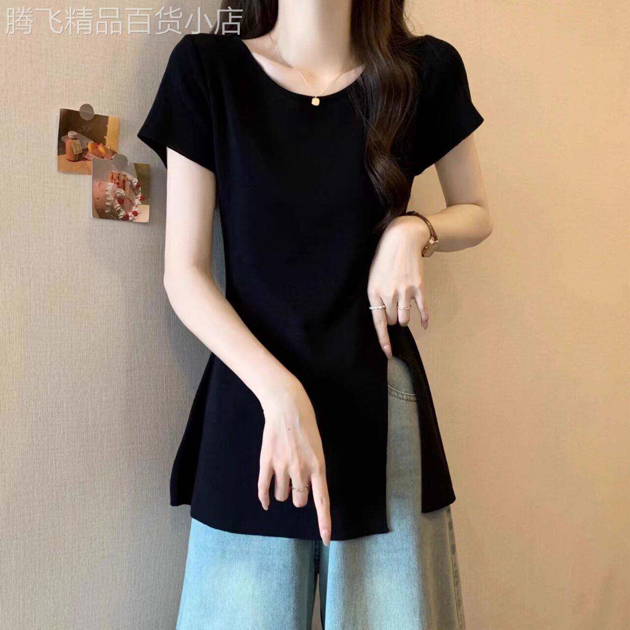 正肩短袖t恤女夏季2026新款大尺码收腰显瘦设计感中长版开叉上衣