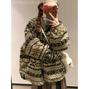 欧洲站女冬季民族风腰果花羊羔毛外套小个子中长皮毛一体毛绒棉服