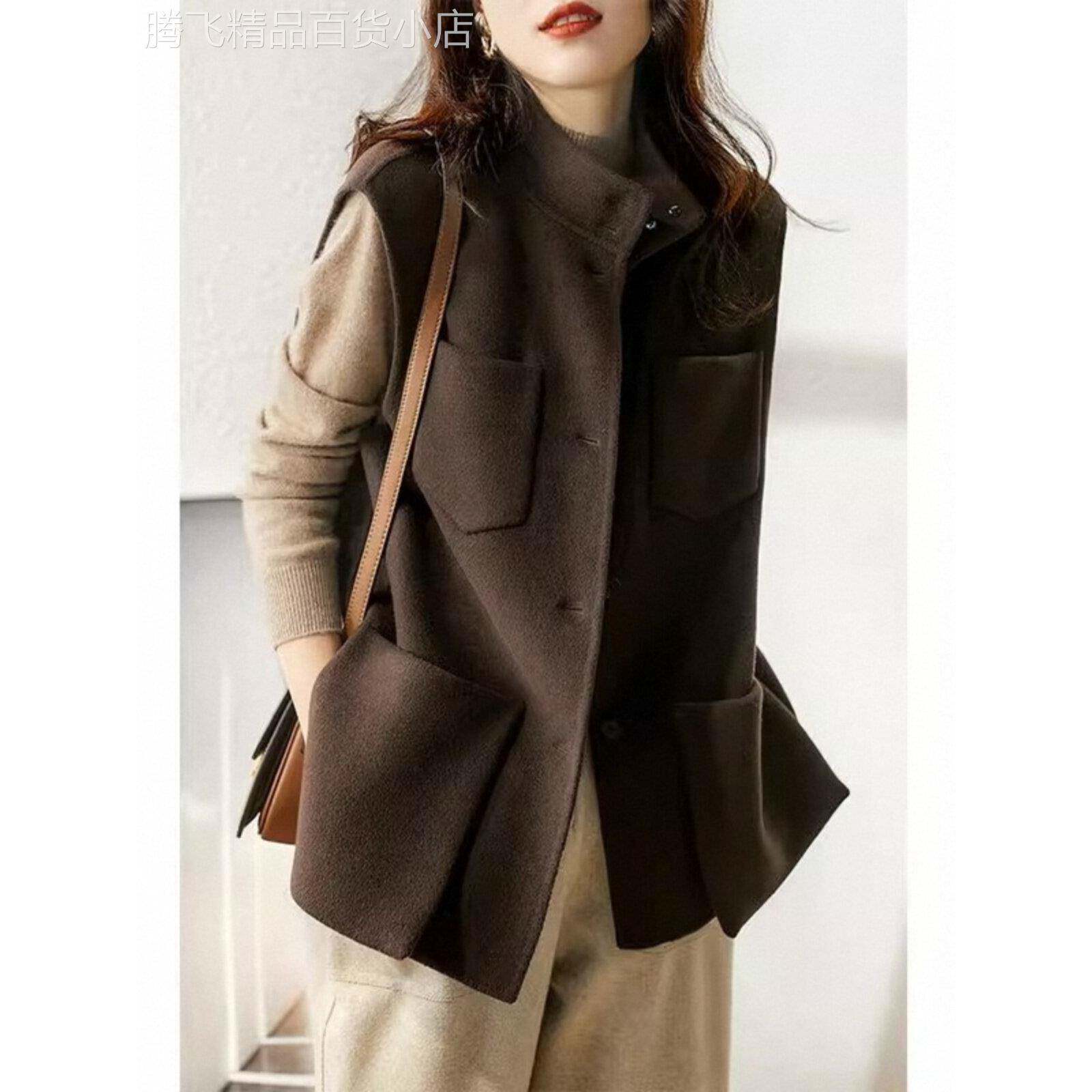 双面羊绒马甲女士秋冬欧货大口袋工装风短款廓形立领坎肩无袖外套