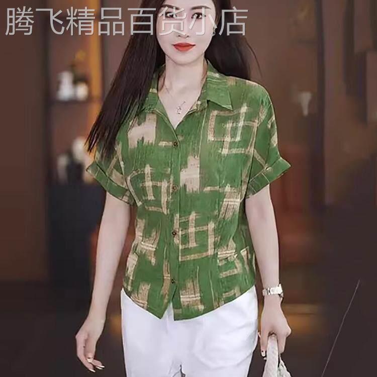 夏季年轻妈妈装短袖衬衫女士新款宽松大码显瘦印花雪纺衫上衣潮