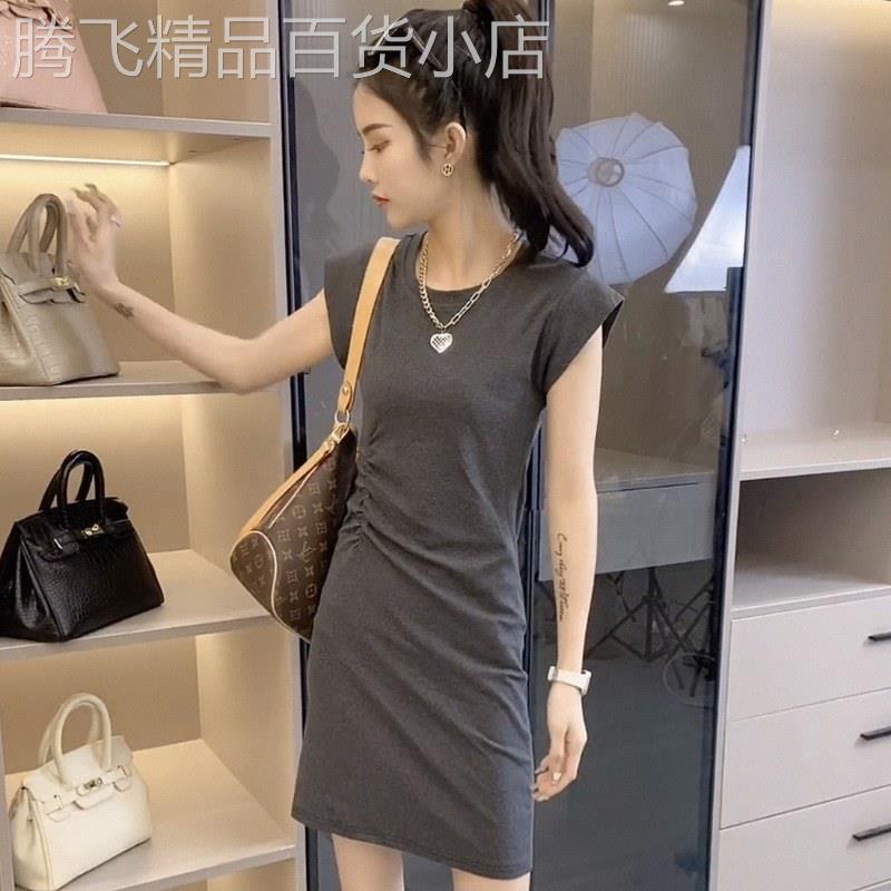 小飞袖连衣裙女夏季欧货包臀短裙收腰褶皱休闲短袖T恤裙过膝长裙