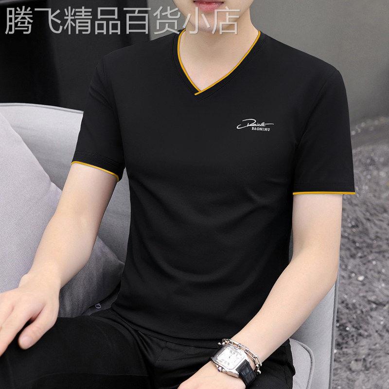 时尚印花短袖T恤男夏季新款潮流男士宽松打底衫V领短袖男半袖T恤