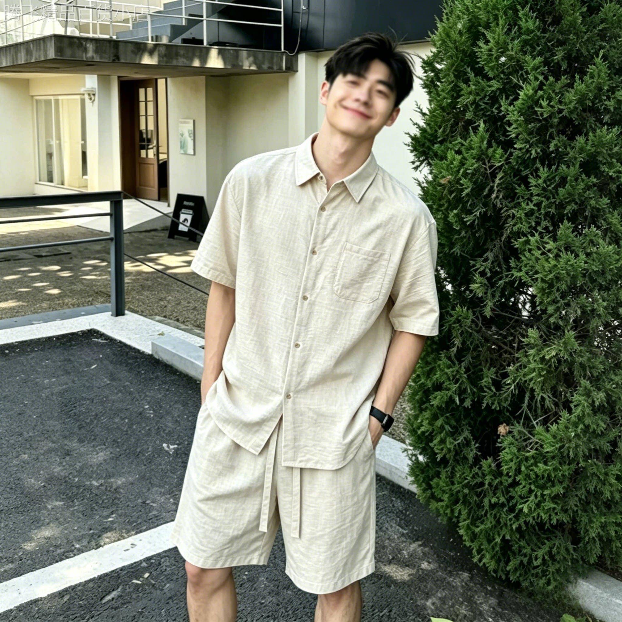 外景出游凉感亚麻成套服饰男夏季复古咖色肌理翻领衬衫休闲五分裤