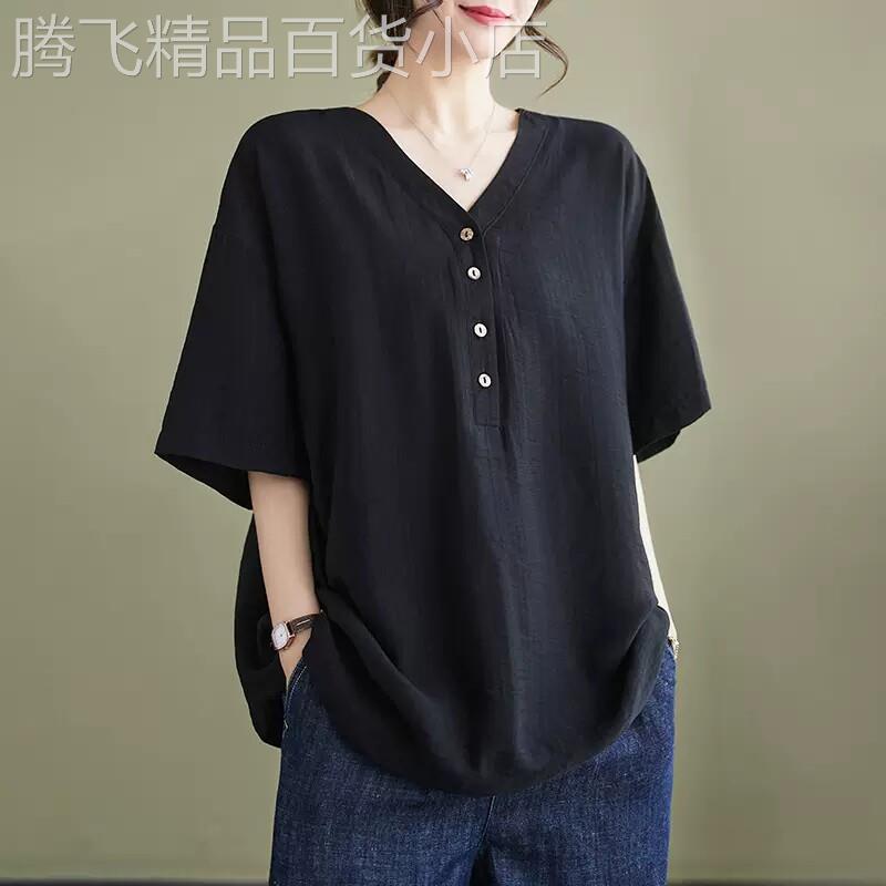 棉麻v领短袖t恤女士减龄宽松休闲夏装大码200斤胖mm显瘦百搭上衣
