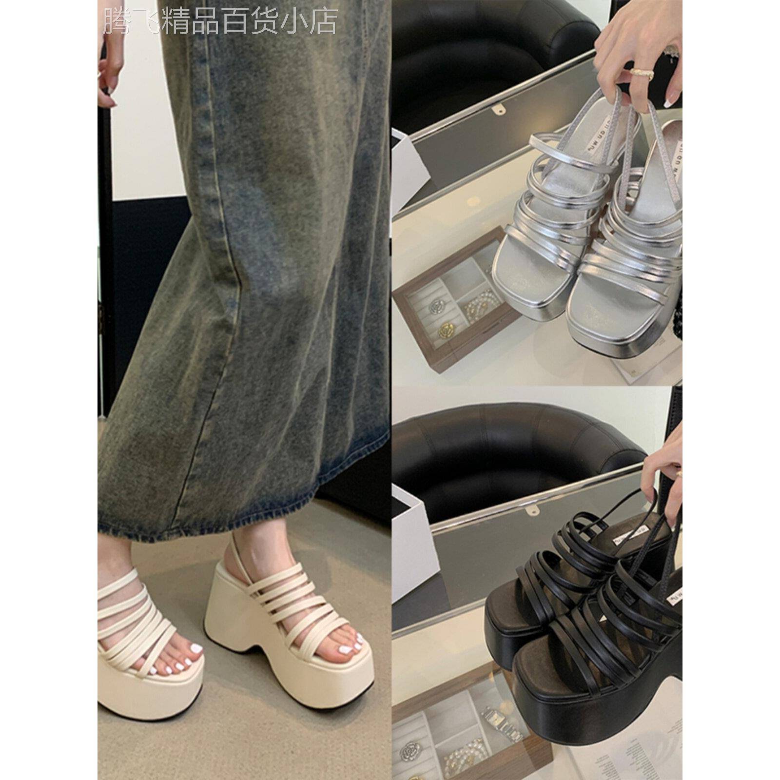 潮牌小个子增高坡跟一字带松紧方头凉鞋时尚厚底松糕罗马女鞋高跟