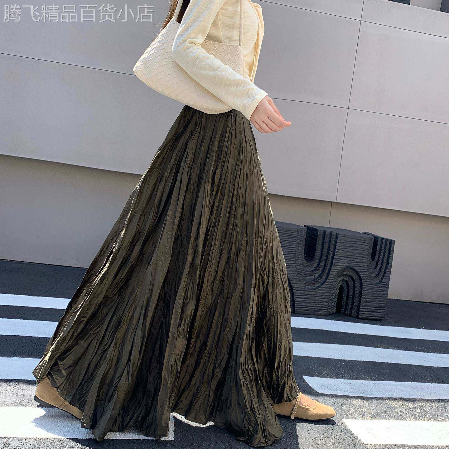 高级感复古褶皱百褶半身裙女秋冬2026新款巨好看垂感大摆a字长裙