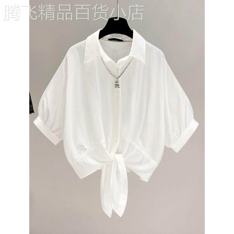 白色短袖衬衫女夏季欧货黑色雪纺衫衬衣高级感小众蝙蝠袖短款上衣