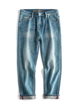 秋冬高端九分牛仔裤男士宽松直筒柔软舒适欧美简约9分裤复古绿色