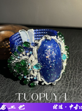复古重工莱茵石镶嵌手工串珠蓝色