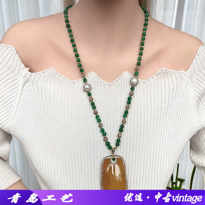 方牌蜜蜡吊坠干青圆珠项链时尚搭配长款绿色毛衣链百搭厂家