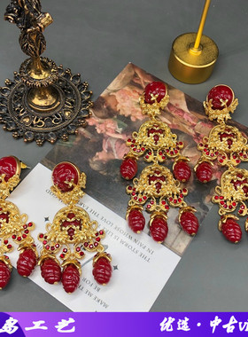 中古西洋风红色扫肩长款流苏耳钉耳夹镀真金重工耳环优雅百搭复古